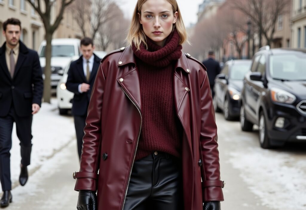 wearing a burgundy leather trench coat